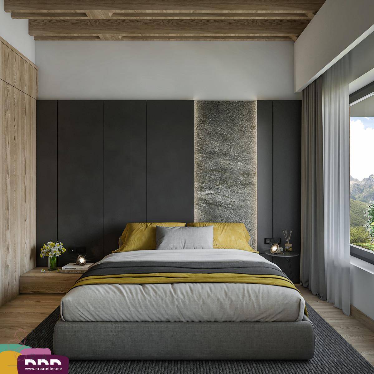 Modernes Schlafzimmer mit Holzbalkendecke, dunkler Wandgestaltung und großem Fenster mit Bergblick.