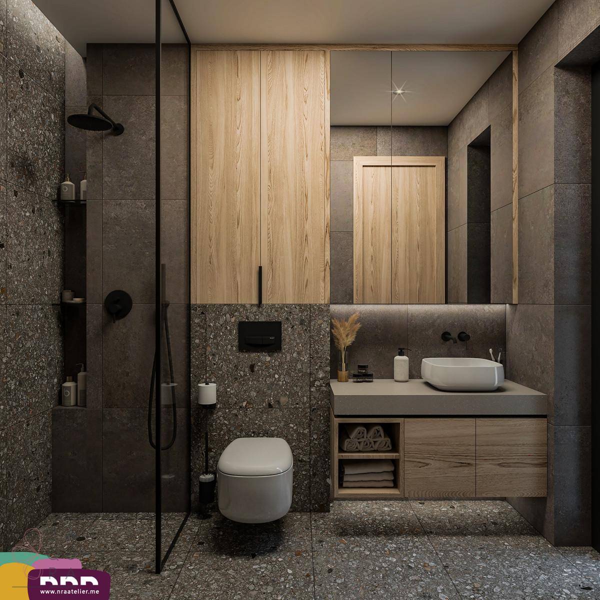 Modernes Badezimmer mit dunklen Fliesen, Holzschränken und begehbarer Dusche.