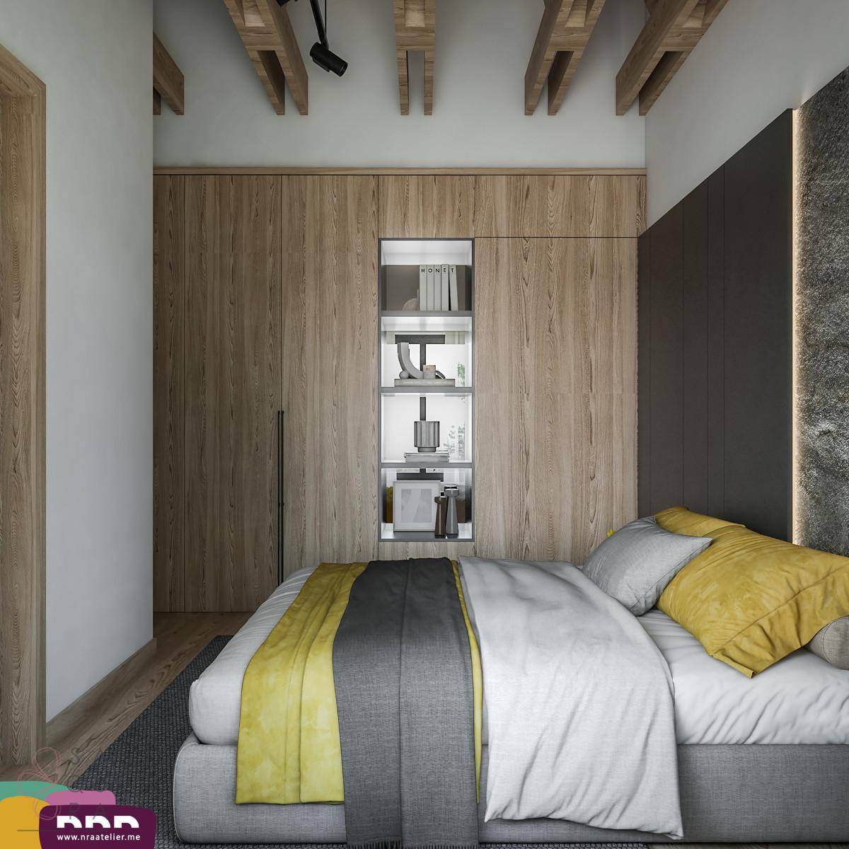 Schlafzimmer mit Holzeinbauschränken und dunkler Akzentwand, die eine moderne Ästhetik schafft.
