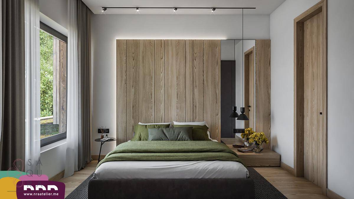 Modernes Schlafzimmer mit Holzwandpaneelen, Spiegelakzenten und Blick ins Grüne.