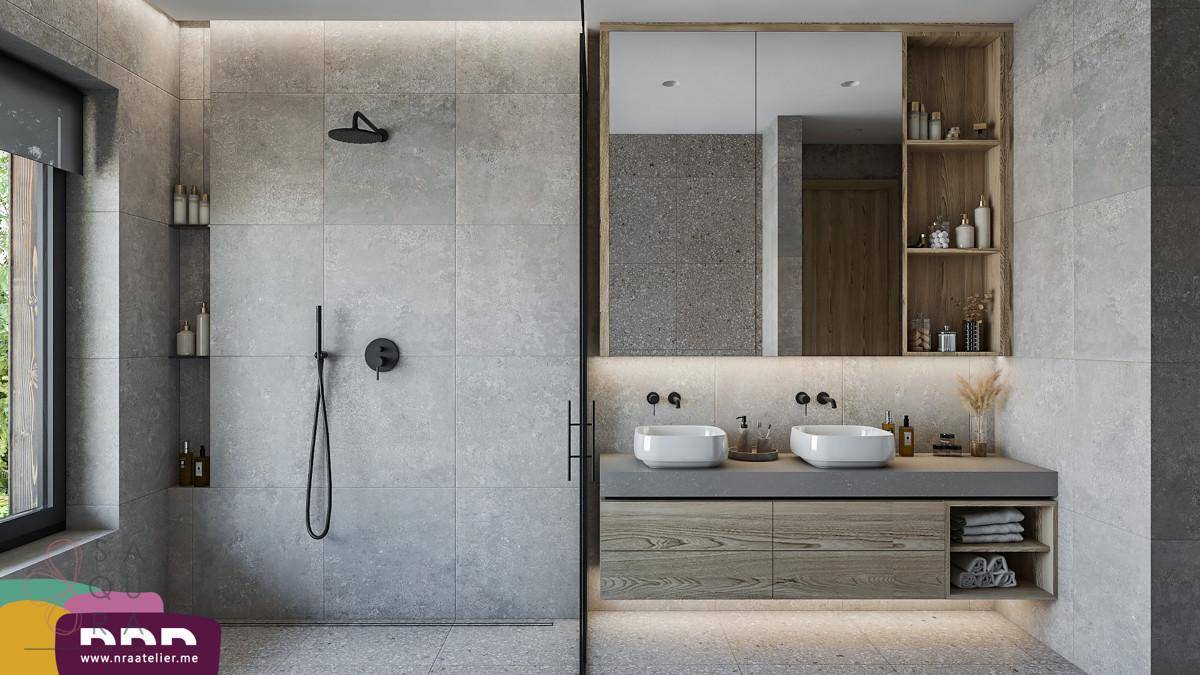 Helles modernes Badezimmer mit Doppelwaschbecken, begehbarer Dusche und Fenster mit Blick ins Grüne.