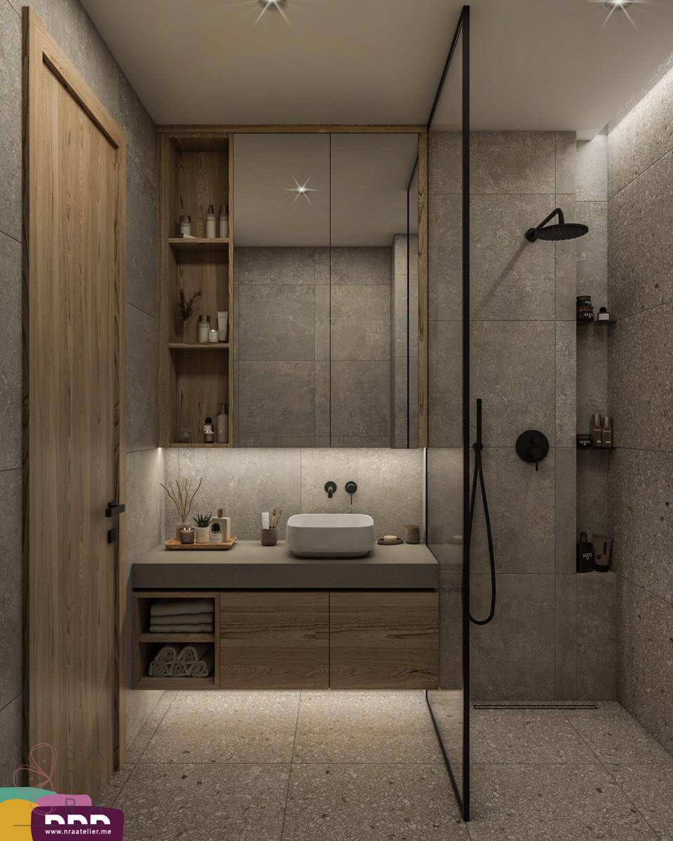 Modernes Badezimmer mit begehbarer Dusche, Holzwaschtisch und offenem Regal.