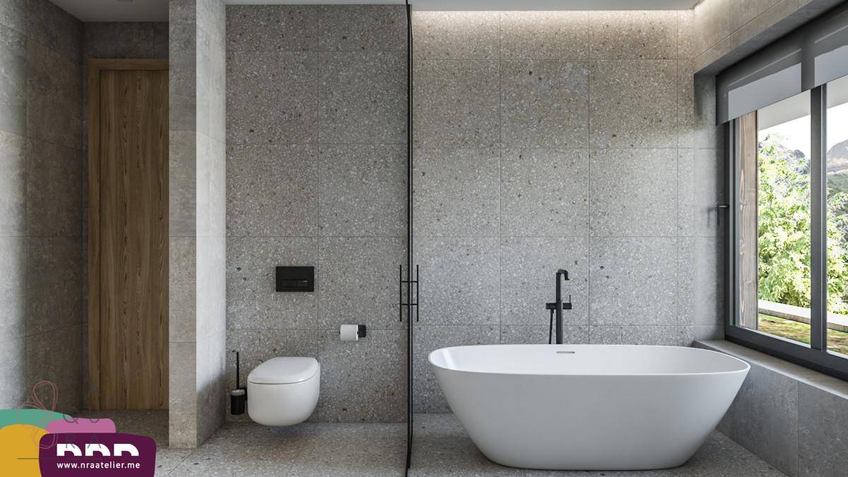 Modernes Badezimmer mit freistehender Badewanne, begehbarer Dusche und Fenster mit Bergblick.