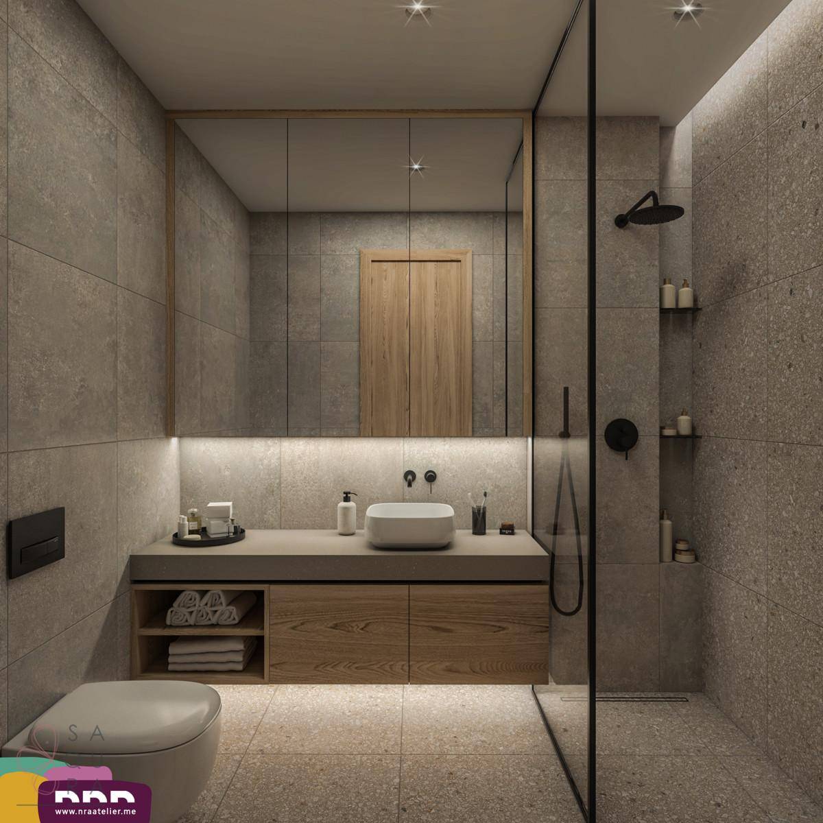 Modernes Badezimmer mit begehbarer Dusche, Holzwaschtisch und großem Spiegel.