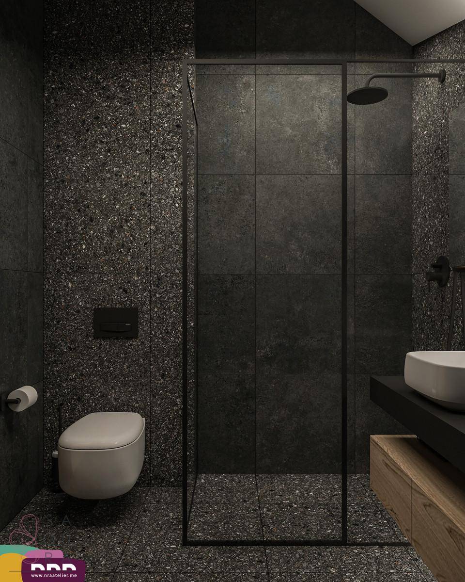 Minimalistisches Badezimmer mit dunklen Fliesen, begehbarer Dusche und Wand-WC.