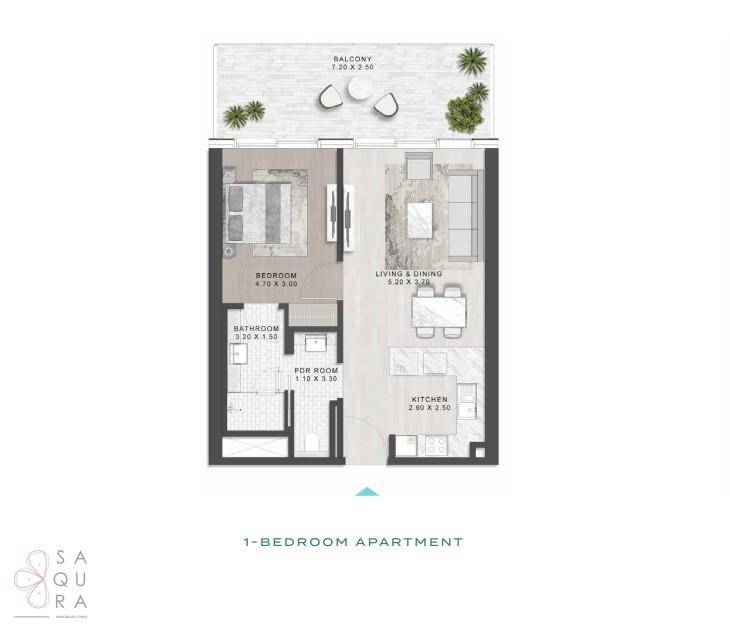 Grundriss einer 1-Zimmer-Wohnung mit Balkon, offenem Wohnbereich und separatem Bad.