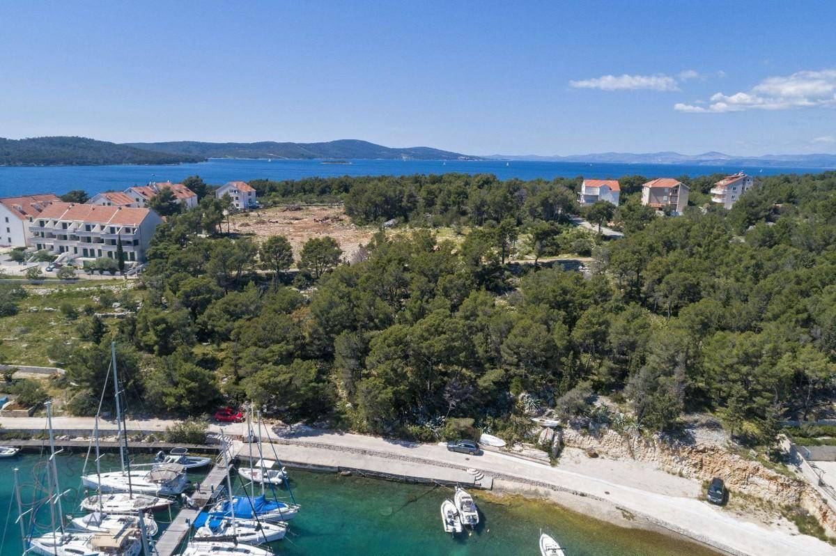 Panoramablick aus der Luft auf einen Yachthafen und die angrenzende bewaldete Küstenlinie mit Wohngebäuden.