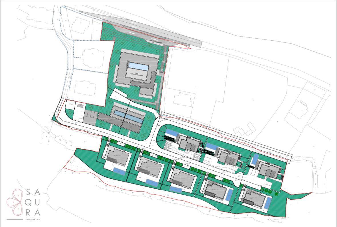 Übersichtsplan des Bauprojekts mit mehreren Gebäuden, Pools und Grünflächen.