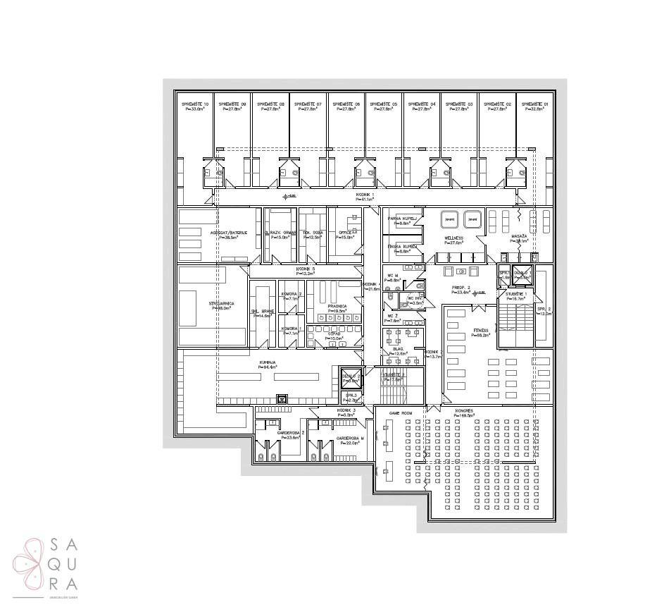 Grundriss des Erdgeschosses des Hotels mit Wellnessbereich, Fitnessraum und Rezeption.
