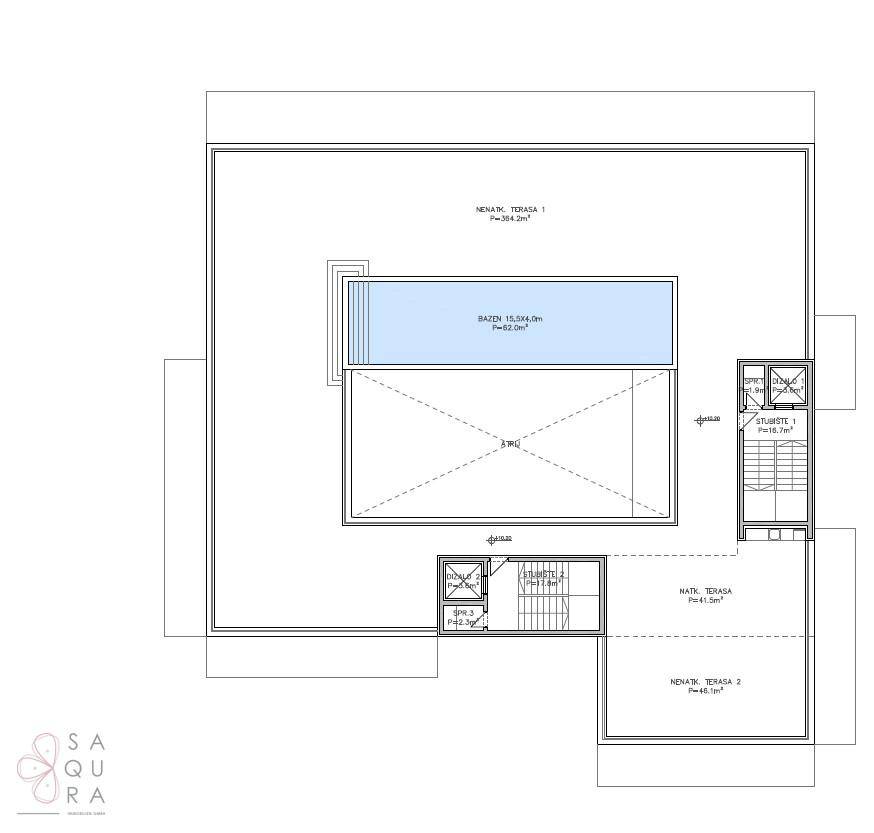 Grundriss der Dachterrasse mit großem Pool und weiteren Terrassenflächen.
