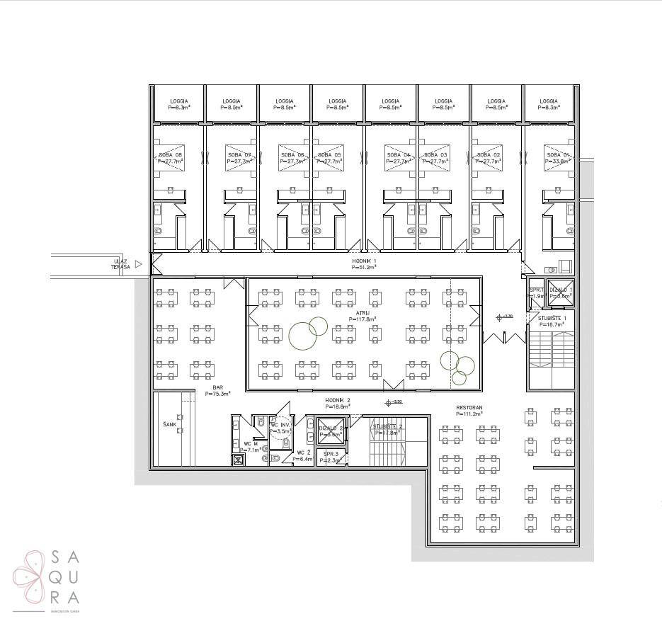 Grundriss mit Restaurantbereich, Bar und mehreren Zimmern mit Loggien.