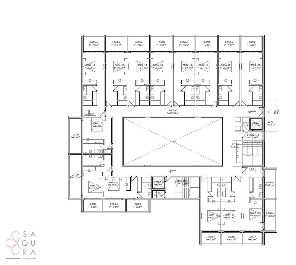 Grundriss eines Obergeschosses des Hotels mit Gästezimmern und privaten Loggien.