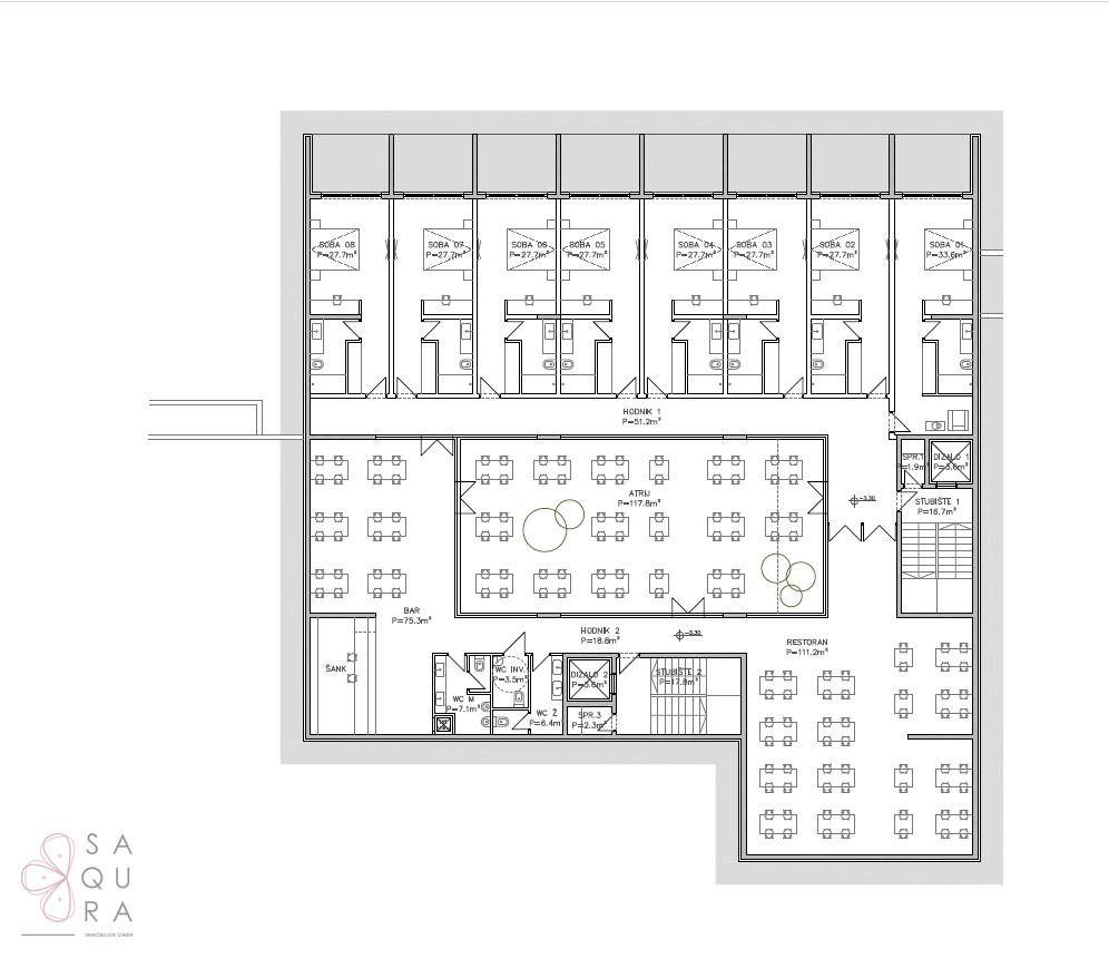Grundriss des ersten Obergeschosses des Hotels mit Gästezimmern, Bar und Restaurant.