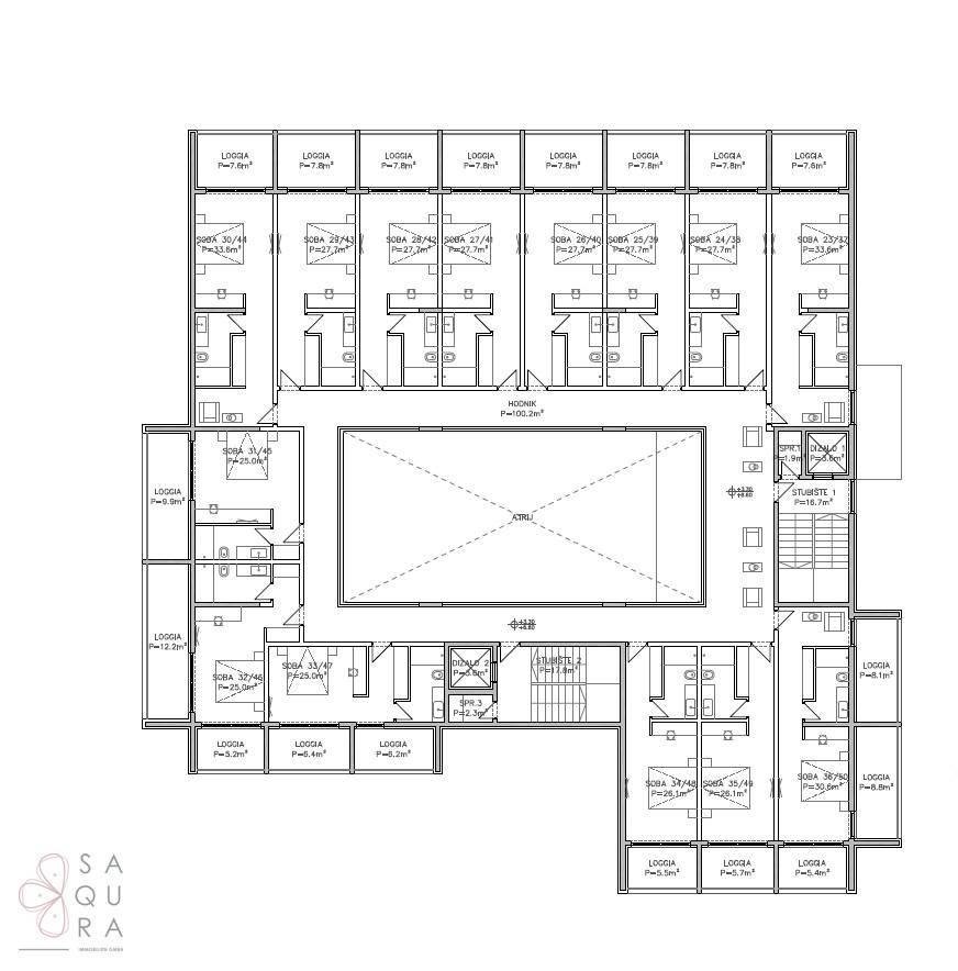 Grundriss mit zahlreichen Zimmern, Balkon und Loggien um einen Innenhof.