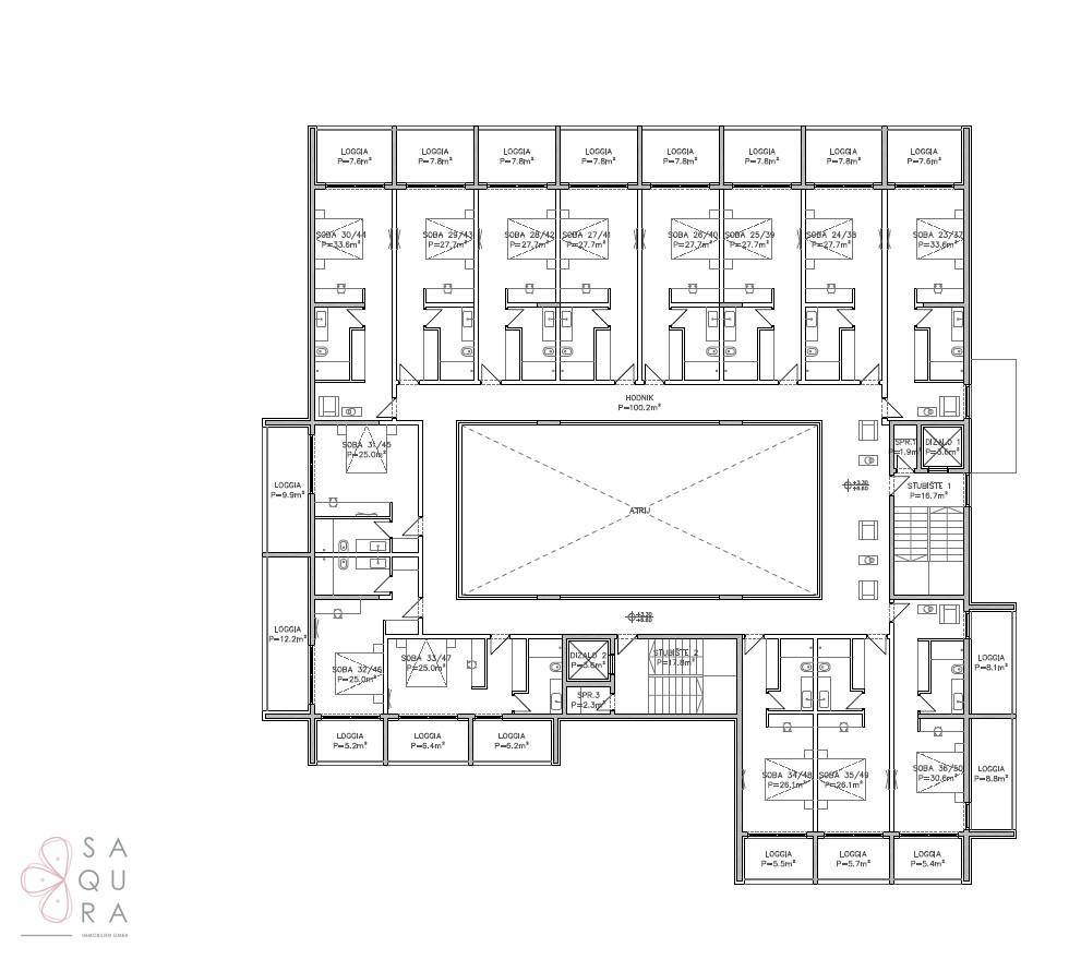 Grundriss eines weiteren Obergeschosses des Hotels mit Gästezimmern und Loggien.