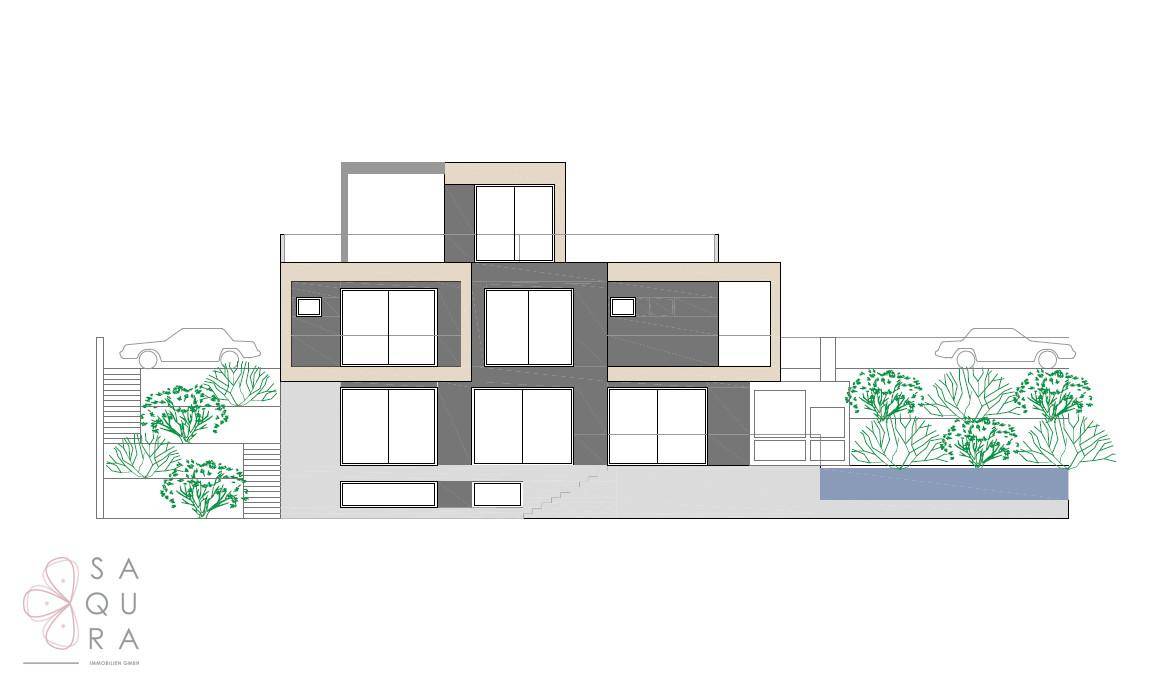 Vorderansicht eines modernen Hauses mit großen Fenstern, einem Pool und Landschaftsgestaltung.
