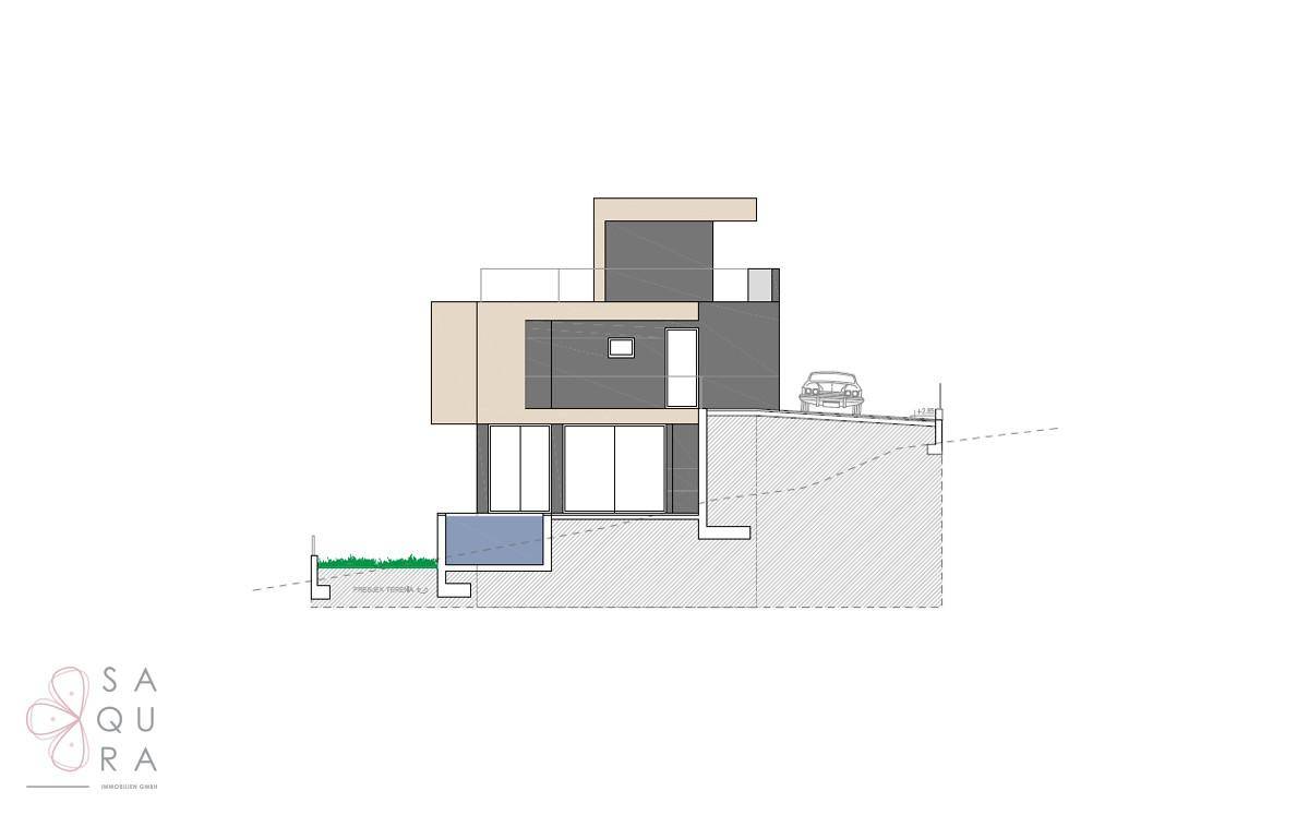 Seitenansicht eines modernen Hauses im Schnitt mit Pool und Hanglage.