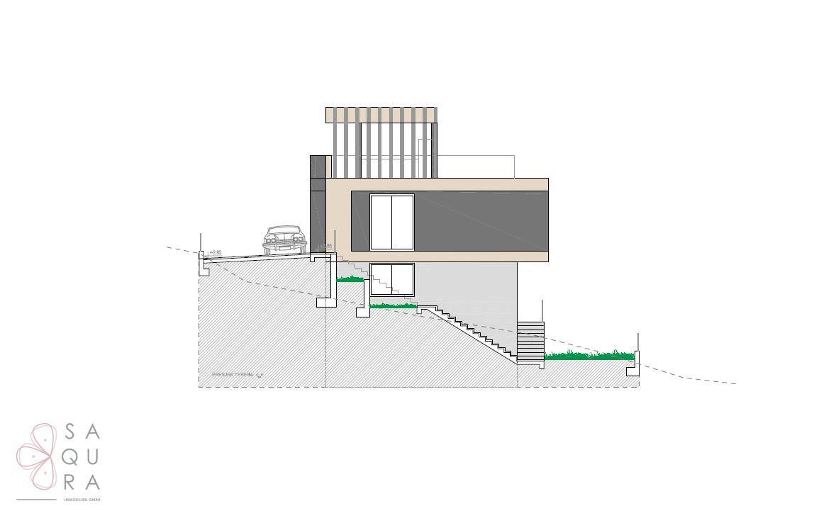 Architektonischer Schnittplan eines modernen Hauses mit Hanglage und Treppen im Außenbereich.