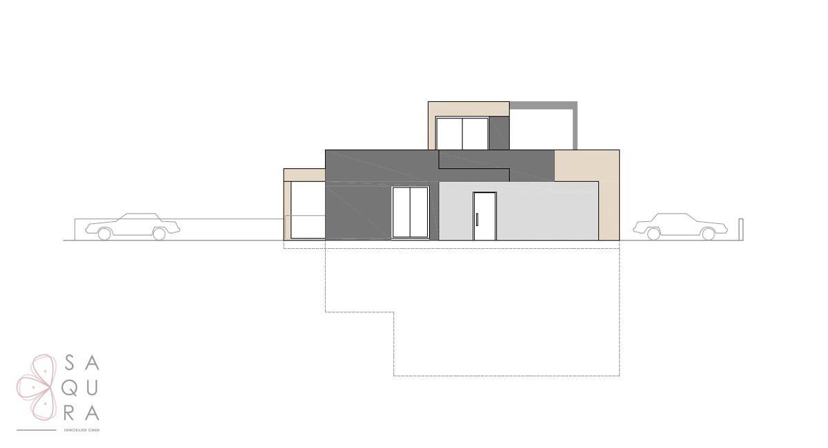 Architektonische Seitenansicht eines modernen Hauses mit klaren Linien und zwei Autos.