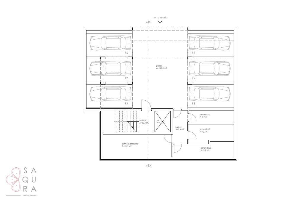 Grundriss einer Tiefgarage mit mehreren Stellplätzen und Zugang zum Treppenhaus.