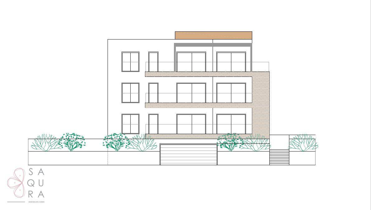 Vorderansicht eines modernen Mehrfamilienhauses mit Balkonen und integrierter Garage.