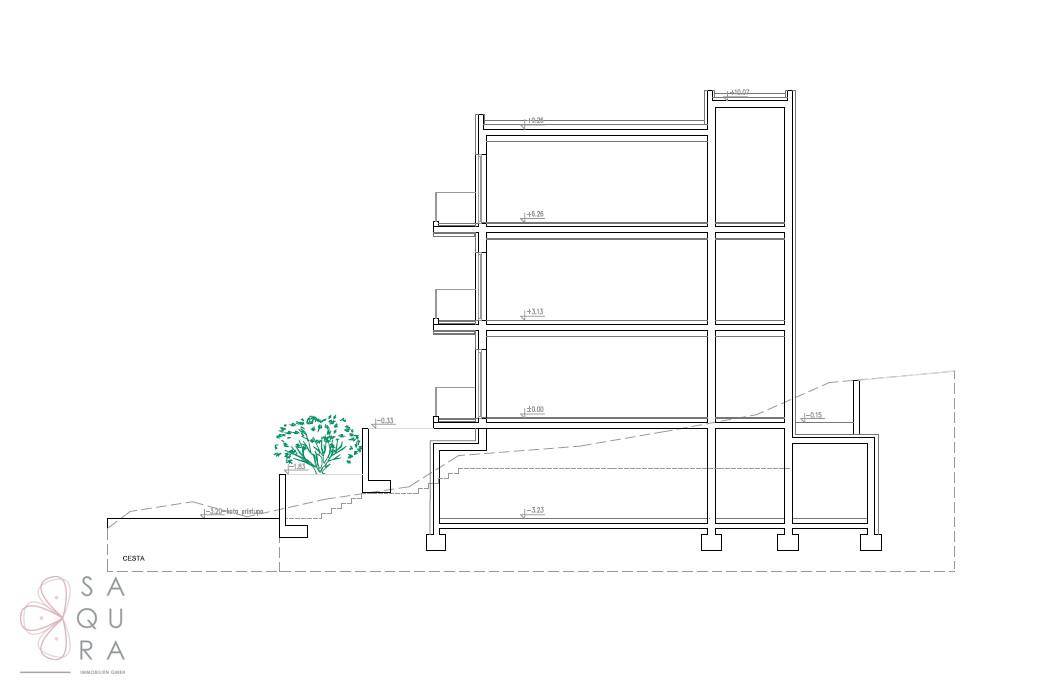 Architektonischer Schnittplan eines mehrstöckigen Gebäudes mit Balkonen und Hanglage.