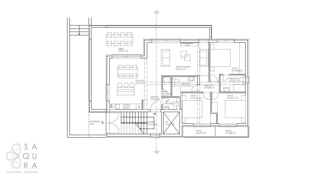Grundriss einer Wohnetage mit offenem Wohnbereich, Küche, Schlafzimmern und Balkon.