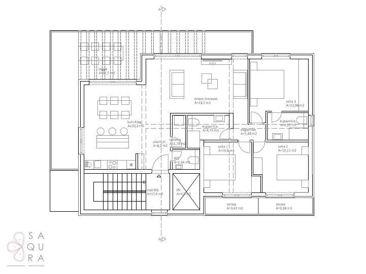 Detaillierter Grundriss einer Wohnung mit Wohnzimmer, Küche, Schlafzimmern und Terrasse.