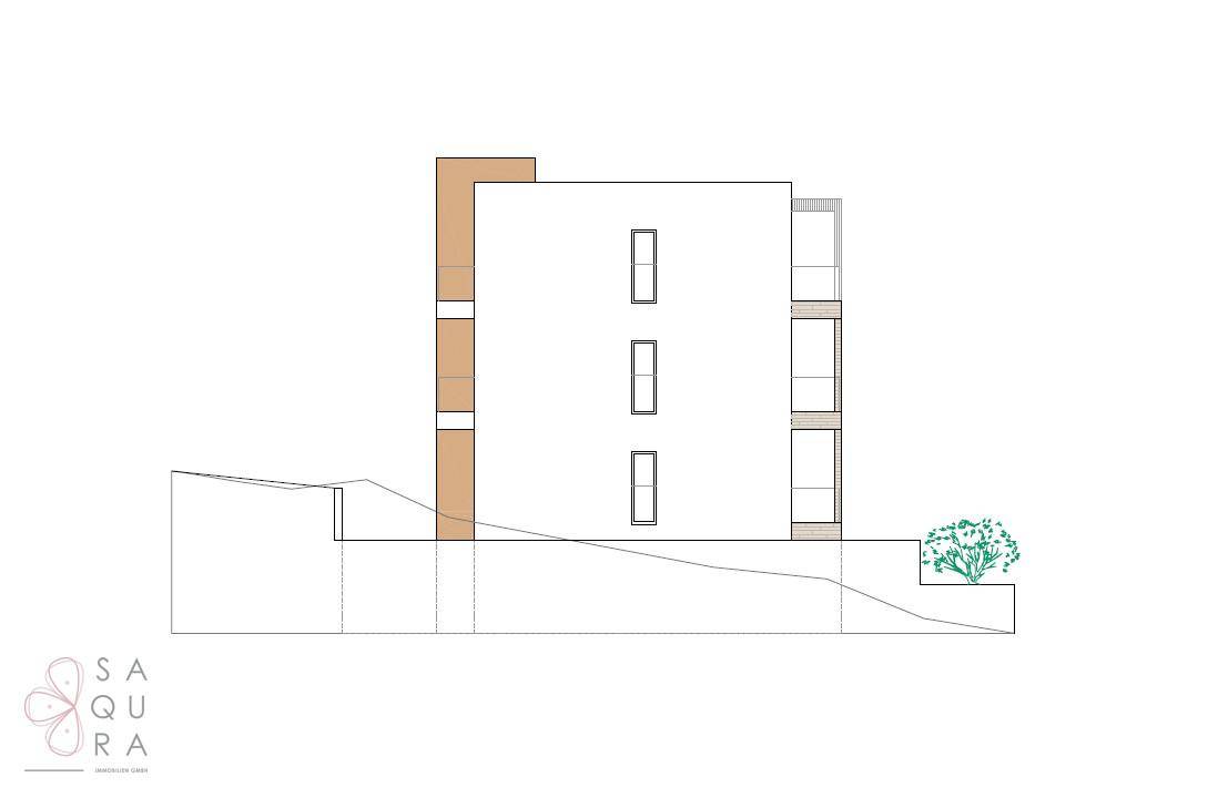 Seitenansicht eines modernen Gebäudes mit Hanglage und minimalistischer Architektur.