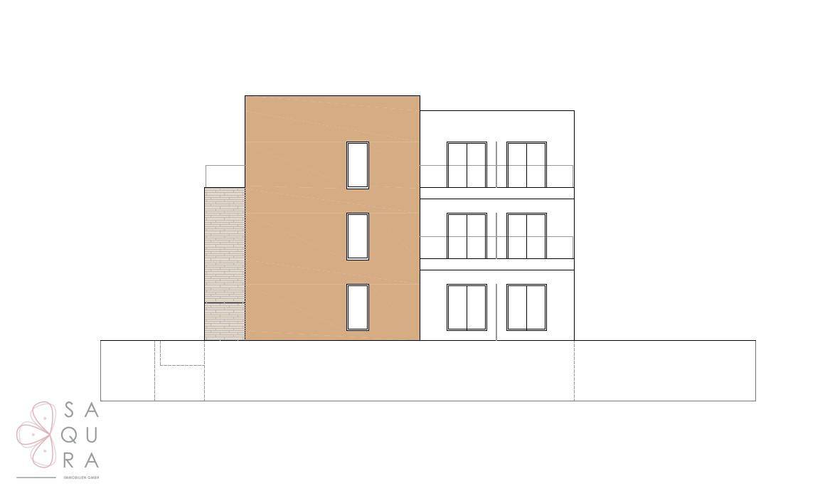 Seitenansicht eines modernen Mehrfamilienhauses mit Balkonen und schlichter Fassade.