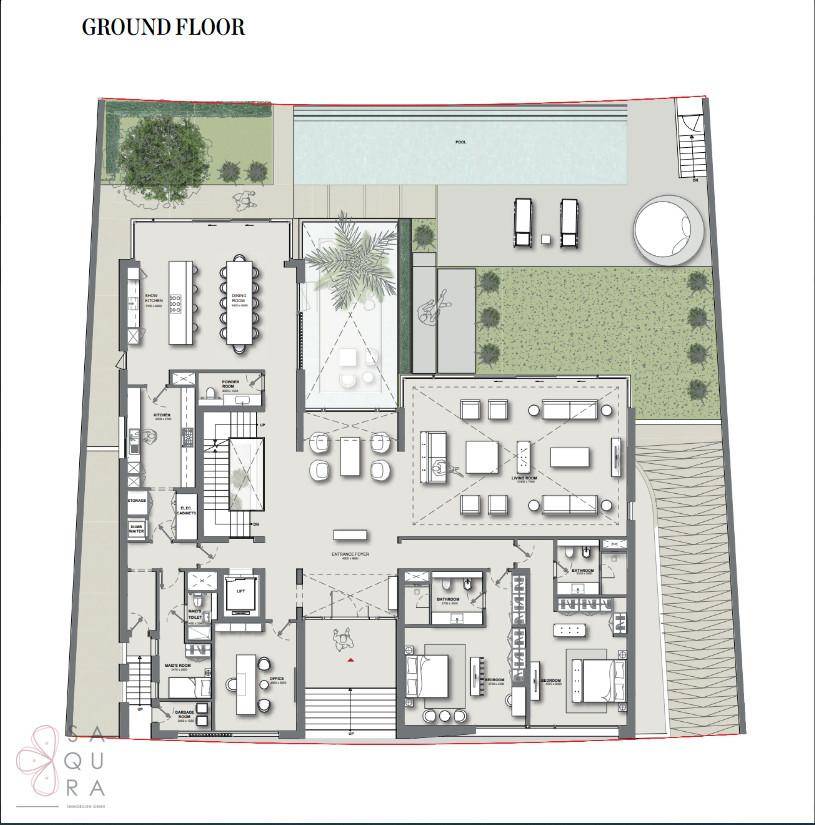 Grundriss des Erdgeschosses mit offenem Wohnbereich, Küche, Schlafzimmern und Poolzugang.