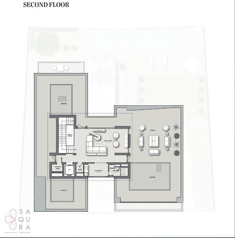 Grundriss des zweiten Obergeschosses mit Wohnbereich, großer Terrasse und Aufzugzugang.