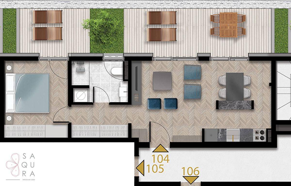 Detaillierter Grundriss einer Wohnung mit Schlafzimmer, Bad, offenem Wohnbereich und Terrasse.