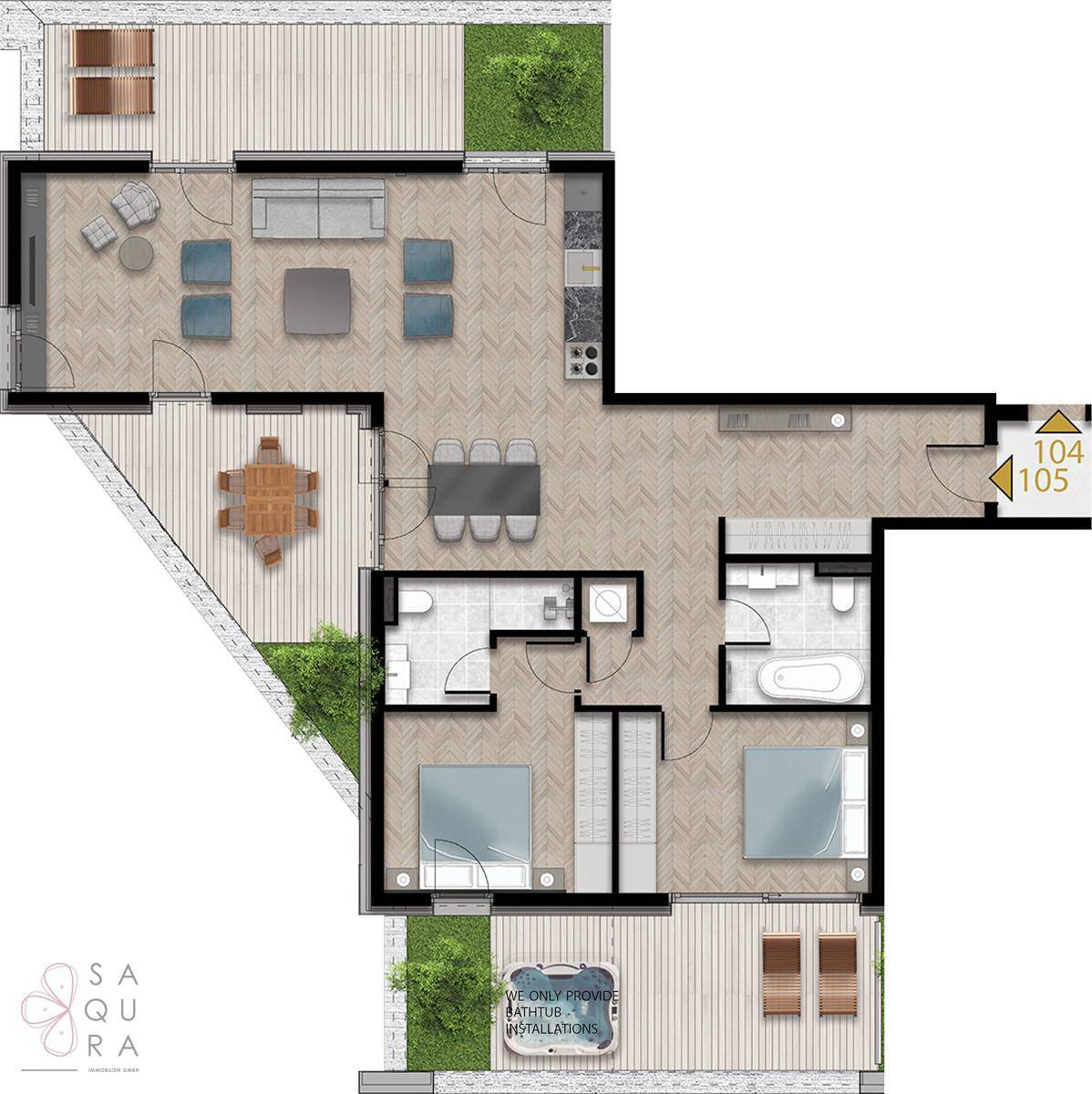 Detaillierter Grundriss einer Wohnung mit mehreren Zimmern und großzügigen Außenbereichen.