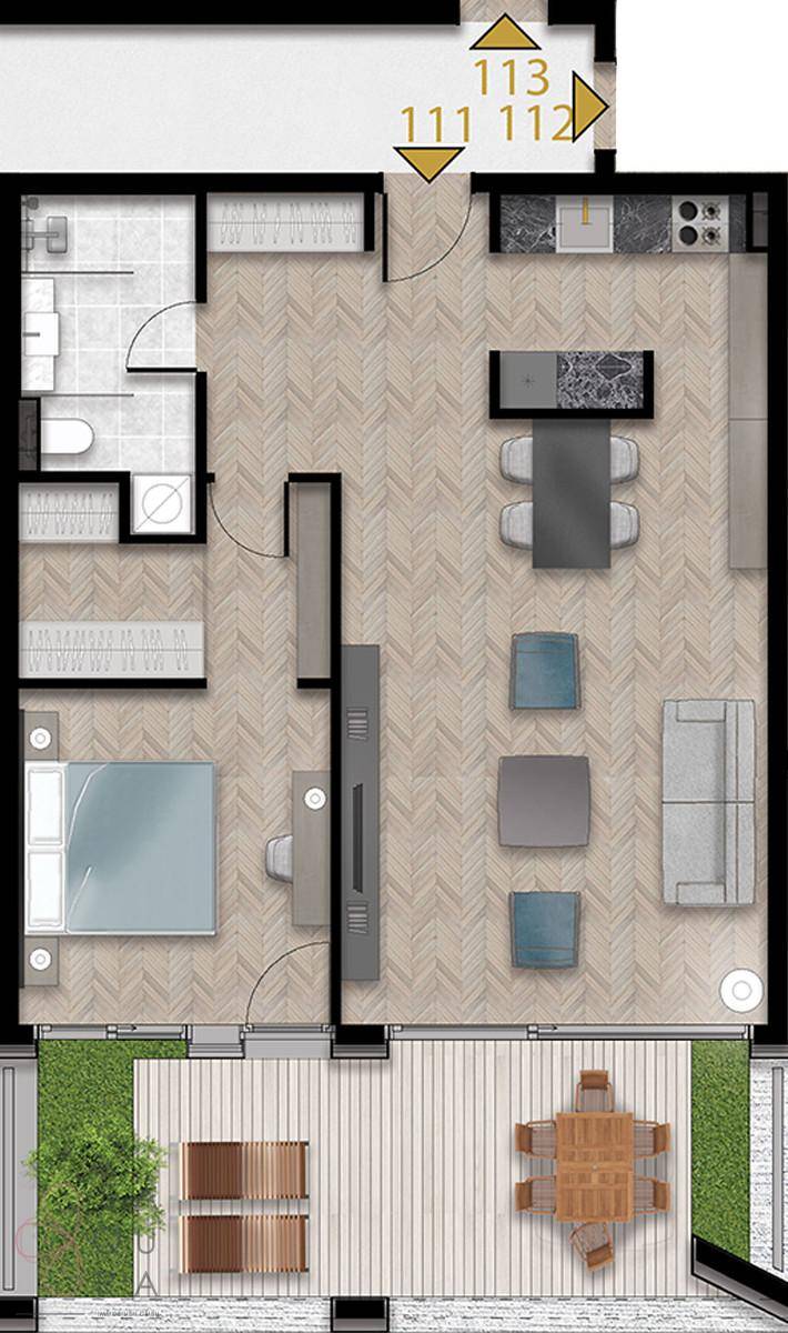 Grundriss einer Wohnung mit offenem Wohnbereich, Schlafzimmer und großer Terrasse.