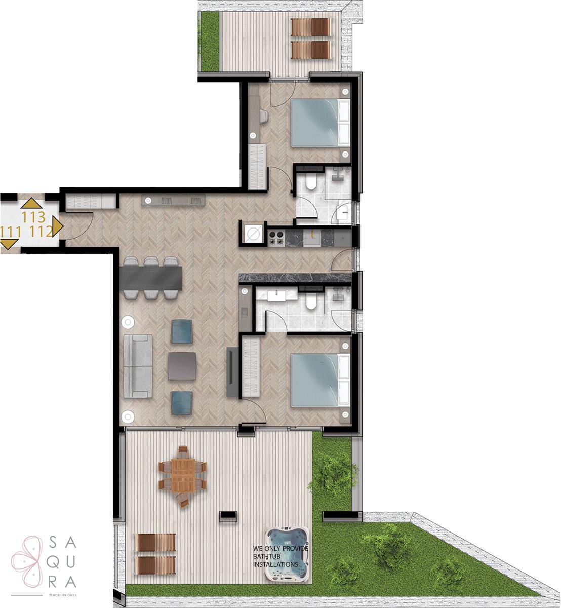 Grundriss einer Wohnung mit zwei Schlafzimmern, offenem Wohnbereich und großer Terrasse mit Whirlpool.