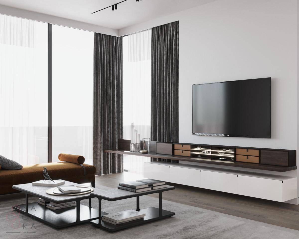 Modernes Wohnzimmer mit großem Fernseher, elegantem Wandregal und bodentiefen Fenstern.
