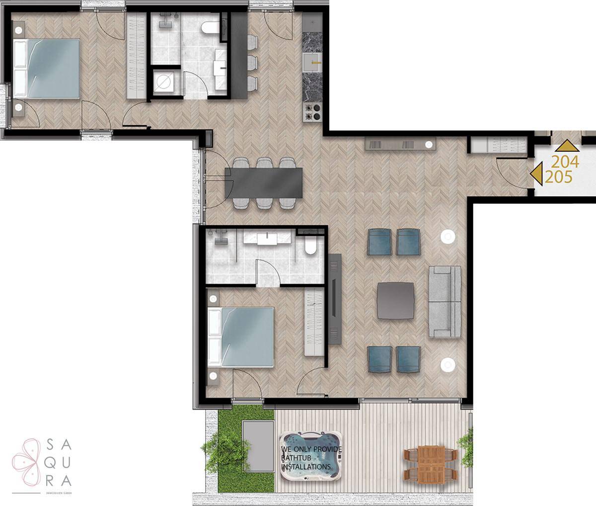 Grundriss einer Wohnung mit zwei Schlafzimmern, zwei Bädern und einer großen Terrasse mit Whirlpool.