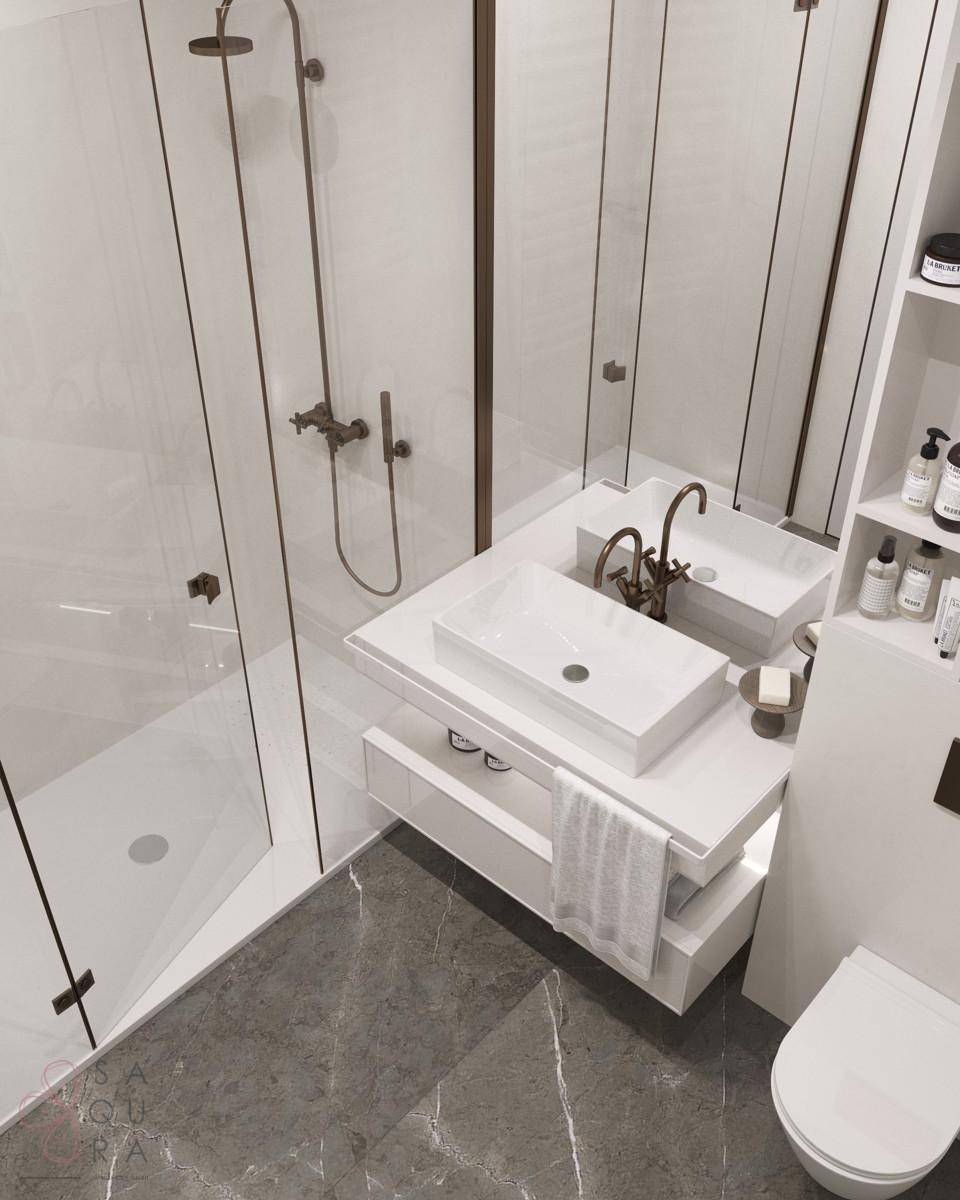 Elegantes Badezimmer mit begehbarer Dusche, Aufsatzwaschbecken und dunklem Marmorboden.