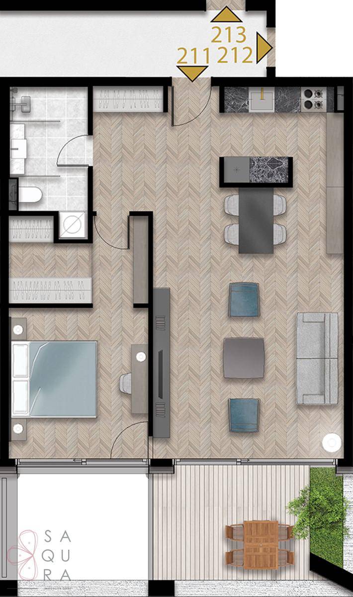 Grundriss einer Wohnung mit Schlafzimmer, Bad, offener Küche und Terrasse.