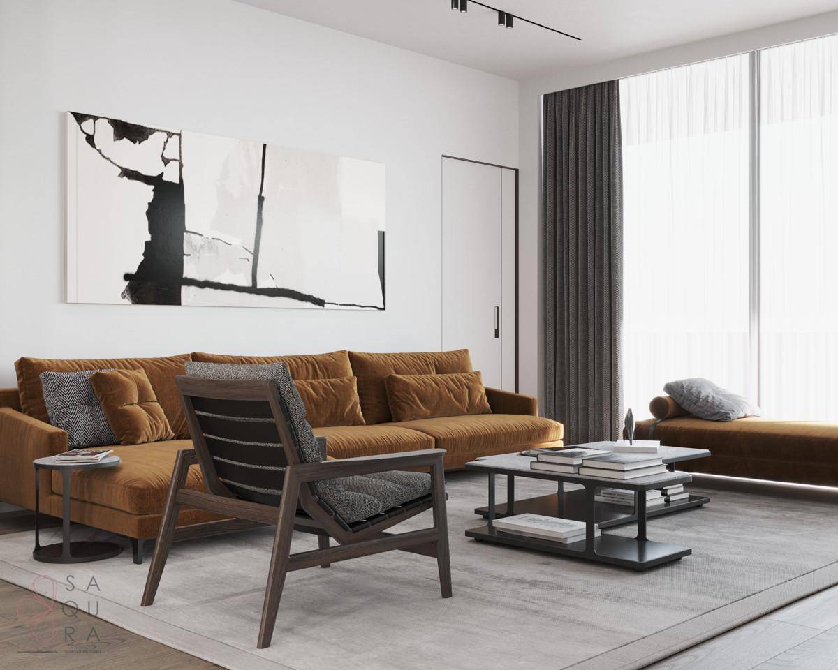 Helles Wohnzimmer mit bodentiefen Fenstern, brauner Couch und modernem Sessel.