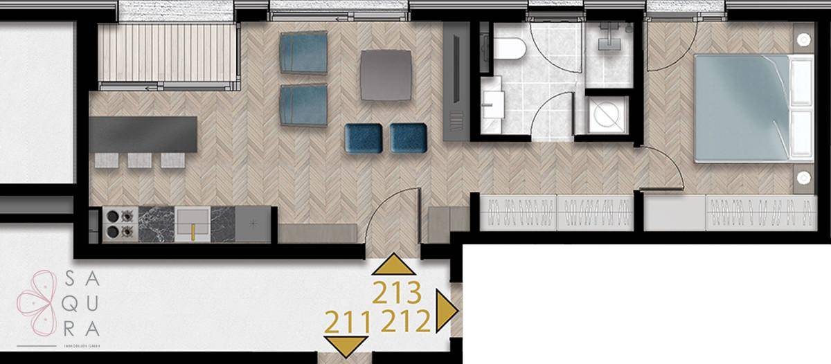 Grundriss einer Wohnung mit offenem Wohnbereich, Küche, Bad und einem Schlafzimmer.