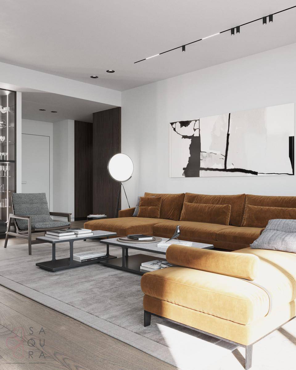 Elegantes Wohnzimmer mit brauner Samtcouch, moderner Stehlampe und minimalistischer Einrichtung.