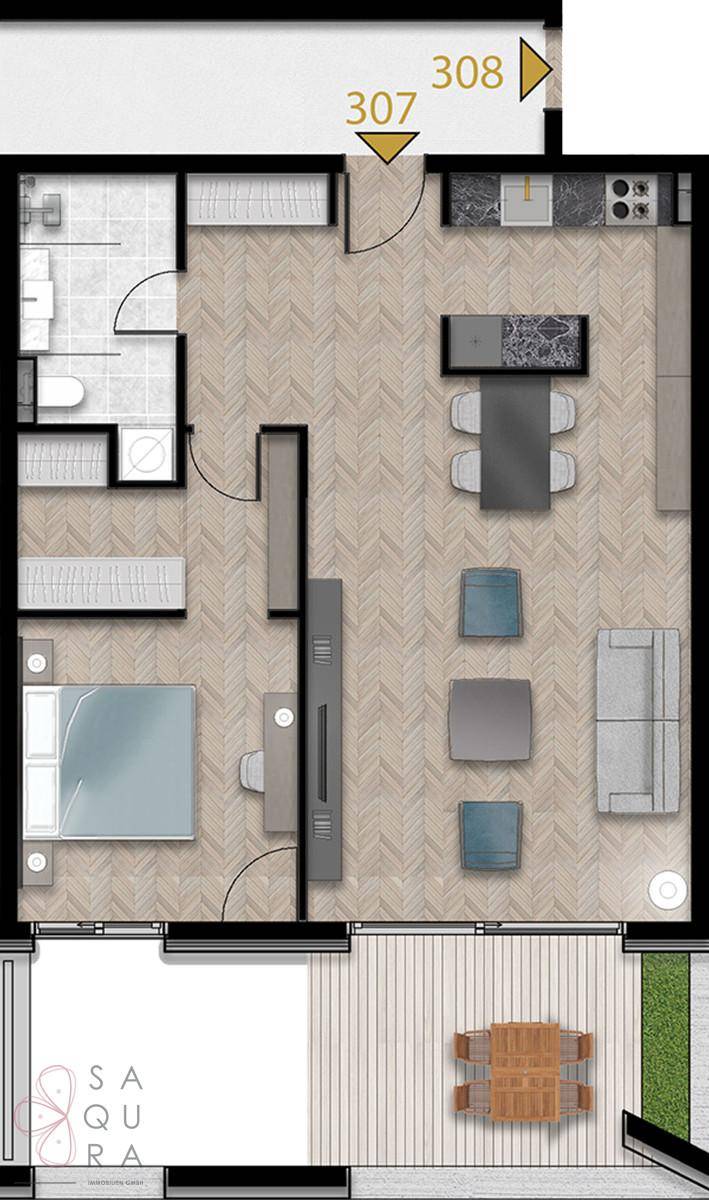Grundriss einer Wohnung mit Schlafzimmer, Bad, offenem Wohnbereich und Balkon.