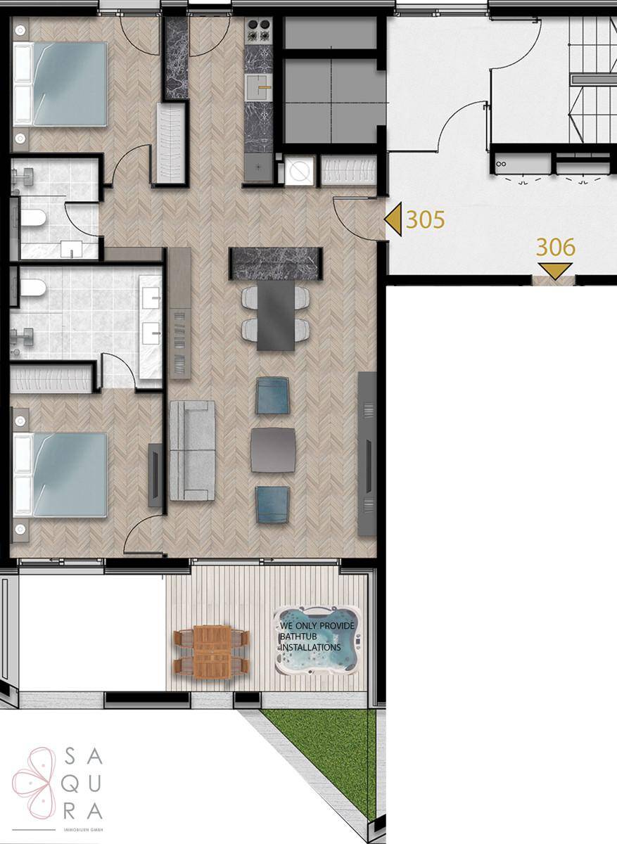 Grundriss einer Wohnung mit zwei Schlafzimmern, offenem Wohnbereich und Terrasse.