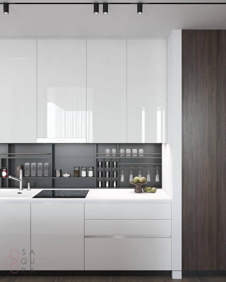 Moderne Küche mit weißen Hochglanzfronten, Induktionskochfeld und integrierten Regalen.