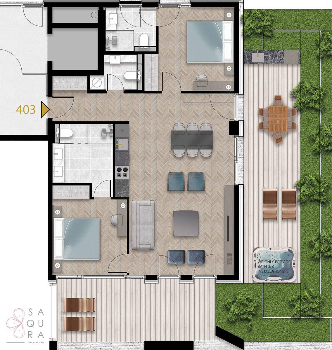 Detaillierter Grundriss einer Wohnung mit drei Schlafzimmern, zwei Bädern und großer Terrasse.