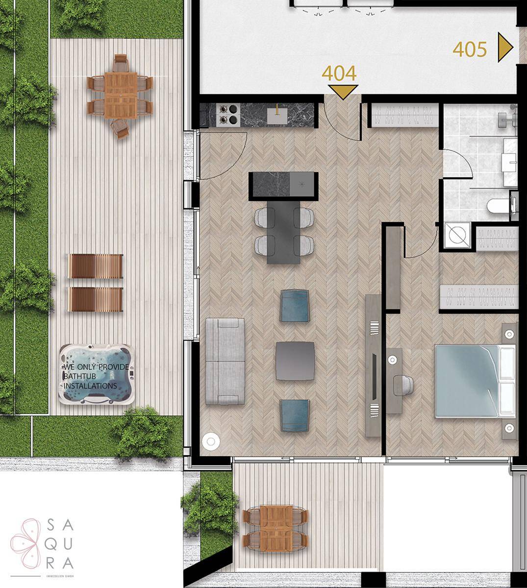 Detaillierter Grundriss einer Wohnung mit zwei Terrassen und offenem Wohnbereich.