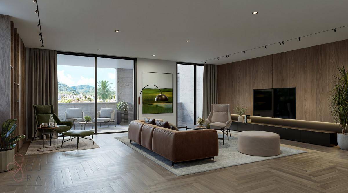 Geräumiges Wohnzimmer mit Holzwand, bequemen Sofas und Zugang zu einem Außenbereich.