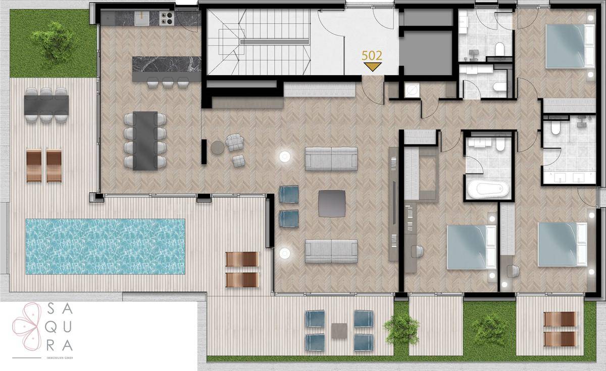 Detaillierter Grundriss einer großen Wohnung mit mehreren Schlafzimmern, Bädern und Außenbereichen.